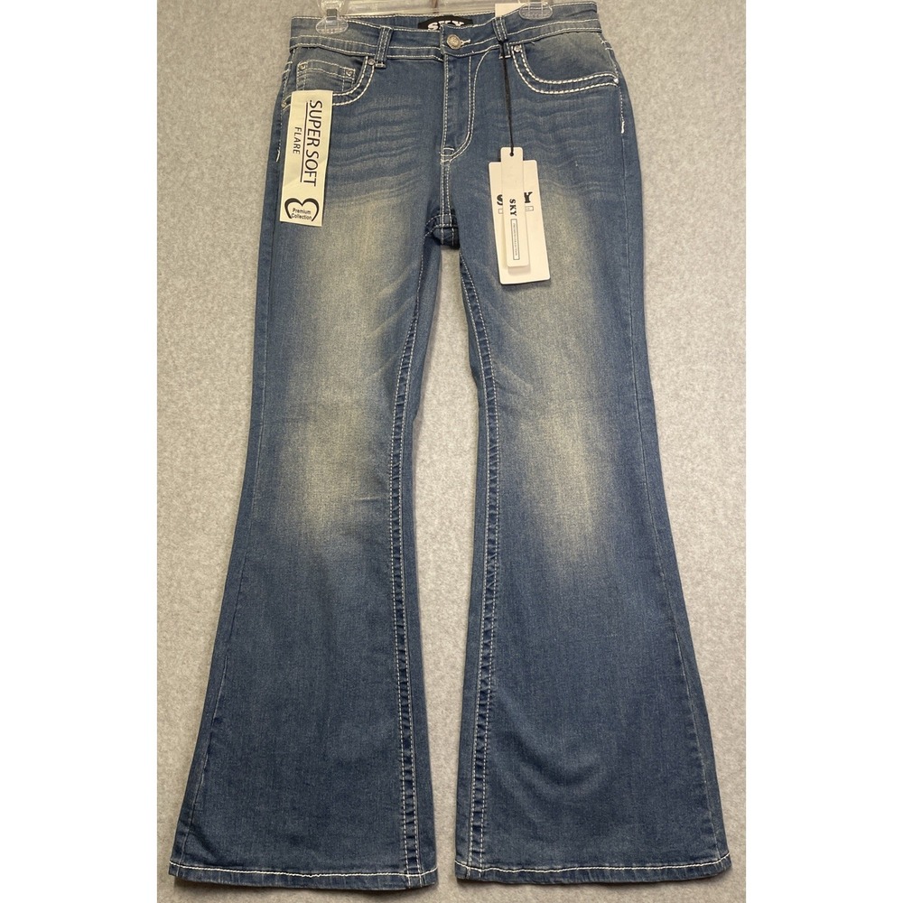 Sky Super Soft Embellished Back Pockets Cross Rhinestones Flare Jeans Sz 11/30